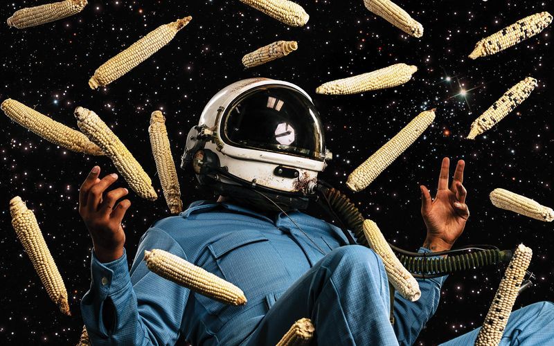 Person mit Astronautenhelm und blauem Anzug umgeben von schwebenden Maiskolben. Einzelnen Maiskörner sehen auf dem schwarzen Hintergrund aus wie Sterne.