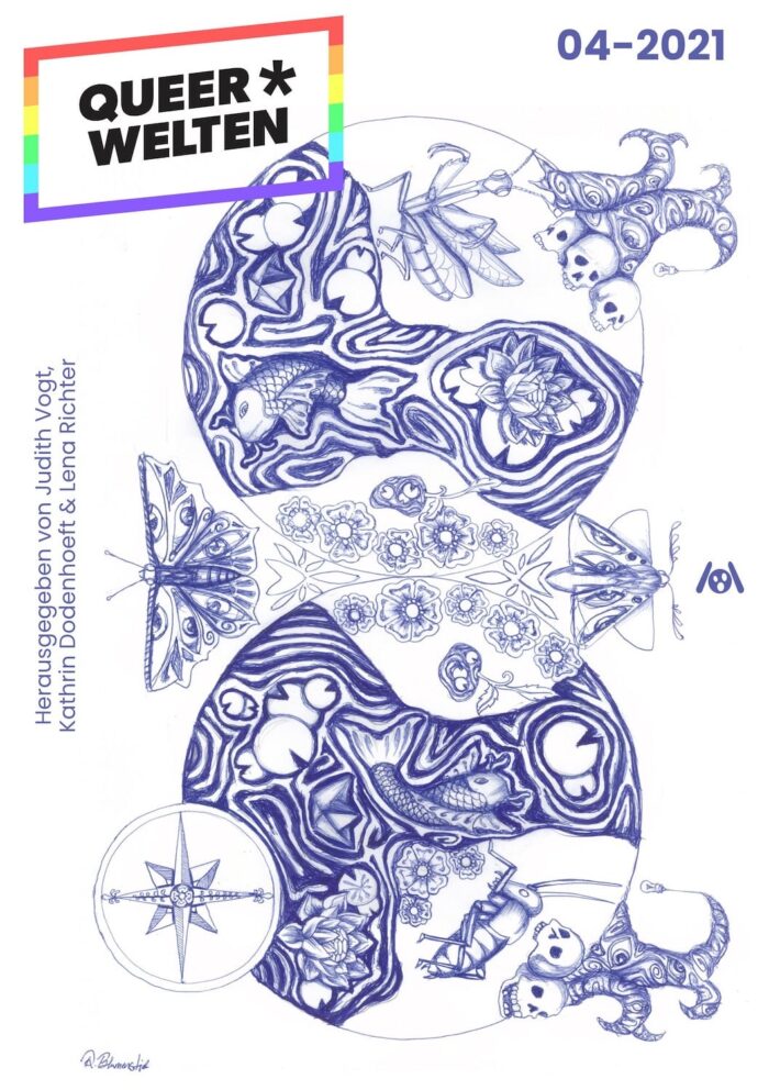 Cover von Queer*Welten 4. Eine Zeichnung in blau und weiß, die versciedene Tier- und Pflanzenformen stilisiert miteinaner verbindet. Cover von Rilana Blumenstiel