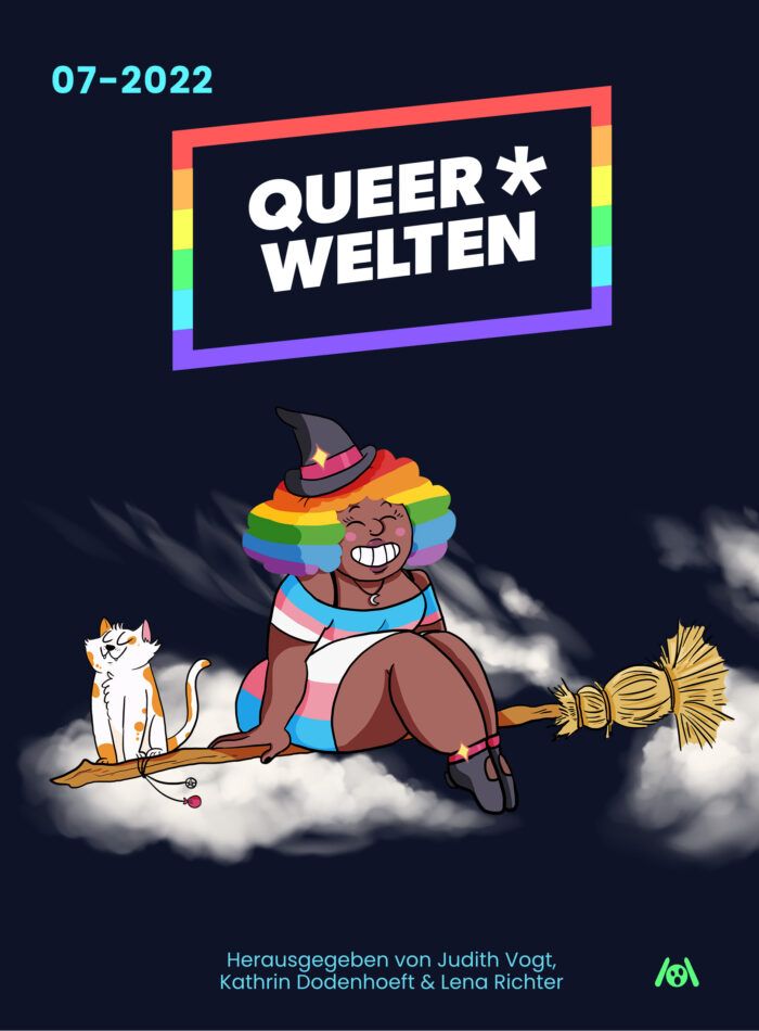 Cover von Quer*Welten 7, Hexe mit Regenbogenhut zusammen mit weißer Katze auf einem Besen vor schwarzem Hintergrund